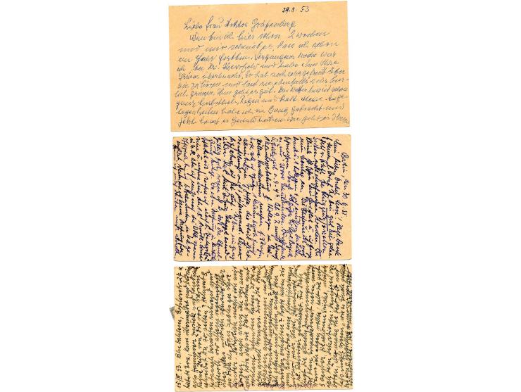 Karte Bauten 20 Pfg., 3 Stück mit Zufrankatur Bauten 30 Pfg., 20 Pfg. und 10 Pfg. als Luftpostkarten nach Israel (2 verschied