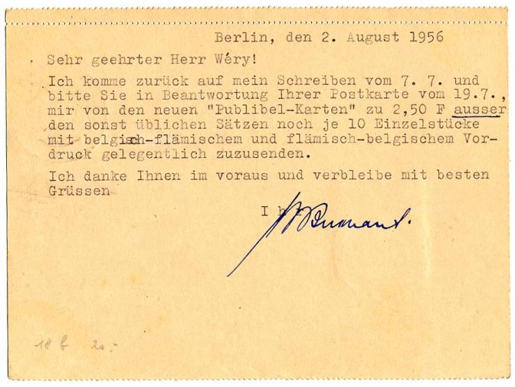 Karte Bauten 8 Pfg. oben und unten gezähnt mit Zufrankatur Bauten 1 Pfg. (2) und Bundesrat in Berlin 10 Pfg. als portogerecht