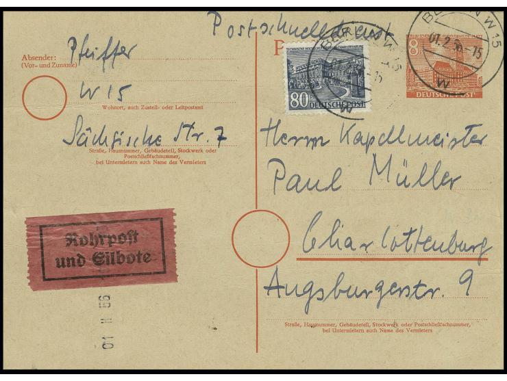 Karte Bauten 8 Pfg. mit Zufrankatur Bauten 80 Pfg. als Rohrpost-Eilboten-Karte von "BERLIN W 15 1.2.56" mit Text nach Berlin-