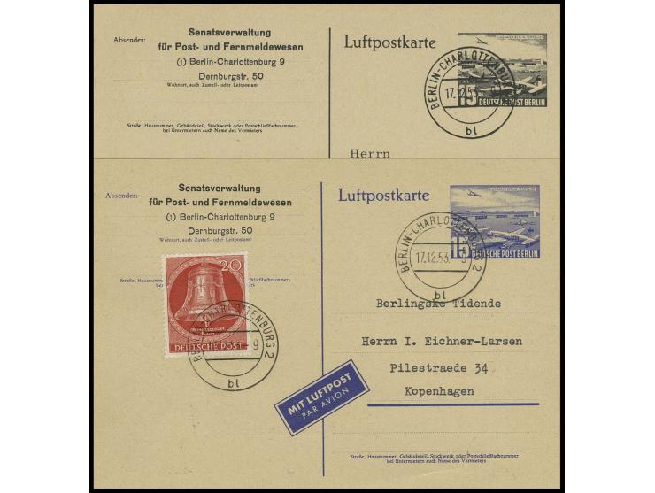 Luftpostkarte Flughafen Berlin 15 Pfg. mit amtlichen Zudruck OPD mit Ankündigungstext, gebraucht mit Zufrankatur Glocke III 2