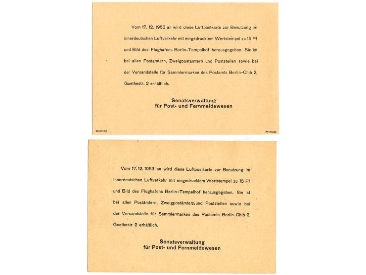 Luftpostkarte Flughafen Berlin 15 Pfg. mit amtlichen Zudruck OPD mit Ankündigungstext, gebraucht mit Zufrankatur Glocke III 2