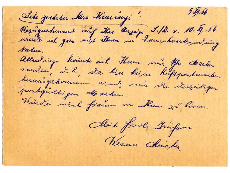 Luftpost-Ganzsachenkarte 15 Pfg. mit Zufrankatur Bauten 20 Pfg. als Europa-Luftpostkarte von "BERLIN-SPANDAU 6.12.56" mit vie