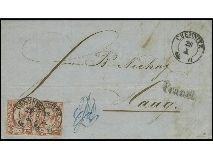 Johann 5 Neugroschen bräunlichrot auf glasigem Papier, waagerechtes Paar, voll- bis breitrandig und farbfrisch mit DKr. "CHEM