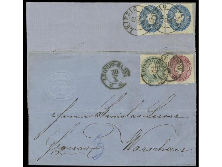 5 Neugroschen graublau und 1 Neugroschen rot mit DKr. "LEIPZIG-BAHNH. 30/X 63" auf Briefhülle an Lesser, Warschau sowie 2 Stü