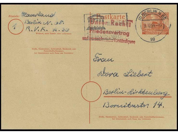 1953, "Unser Recht: Friedensvertrag und gesamtdeutsches Verständigung", roter L3-Gegenstempel auf Bauten-Ganzsachenkarte 8 Pf