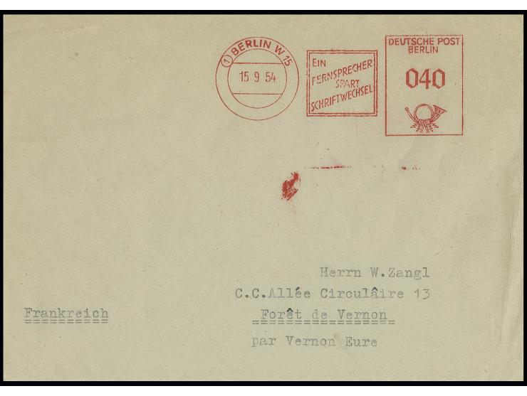 15.09.54., 40 Pfg. Münzfreistempel (sog. "Beamtentod") vom 1. Standort Berlin W 15 auf Brief nach Frankreich, Umschlag im Ran