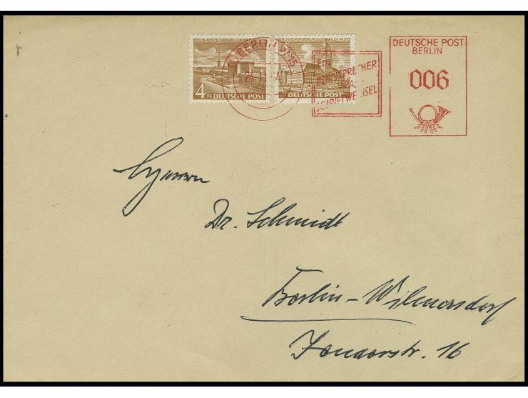 24.11.54., 6 Pfg. Münzfreistempel (sog. "Beamtentod") vom 1. Standort Berlin W 15 als Entwerter auf Brief mit Bauten 4 Pfg. (