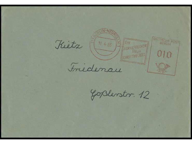 11.4.55., 10 Pfg. Münzfreistempel (sog. "Beamtentod") vom 2. Standort Berlin-Neukölln auf Ortsbrief