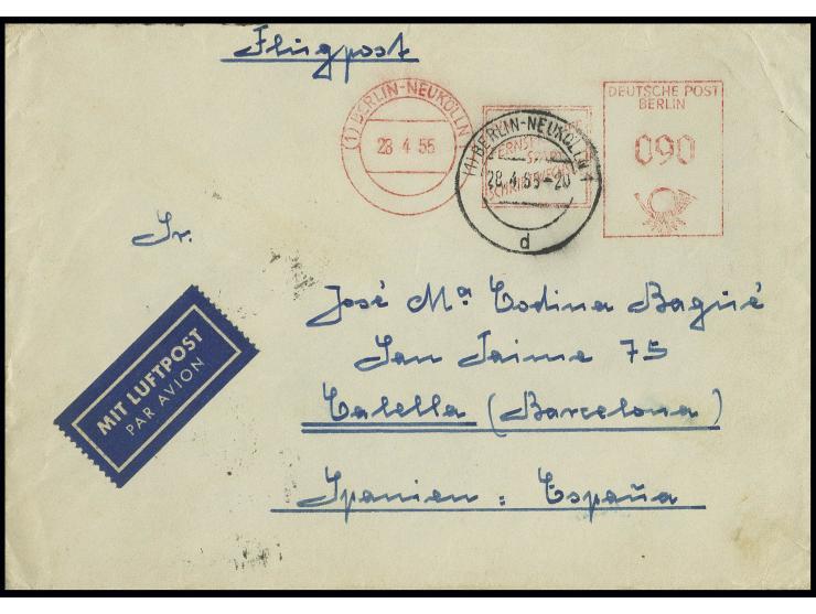 28.04.55., 90 Pfg. Münzfreistempel (sog. "Beamtentod") vom 2. Standort Berlin-Neukölln, klarer Abschlag auf Luftpost-Brief de