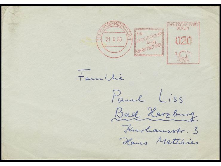 21.06.55., 20 Pfg. Münzfreistempel (sog. "Beamtentod") vom 2. Standort Berlin-Neukölln, klarer Abschlag auf Brief nach Bad He