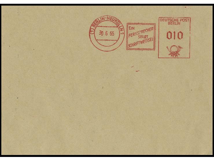 30.6.55, 10 Pfg. Münzfreistempel (sog. "Beamtentod") vom 2. Standort Berlin-Neukölln, Blanko-Abschlag auf Umschlag, recht spä
