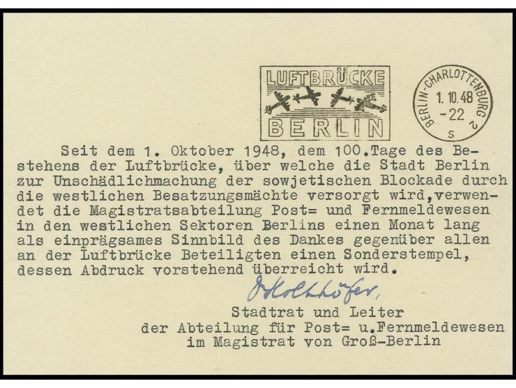 1948, Maschinenstempel "LUFTBRÜCKE BERLIN" von "BERLIN-CHARLOTTENBURG 2 1.10.", klar auf Ankündigungskarte des Stadtrats- und