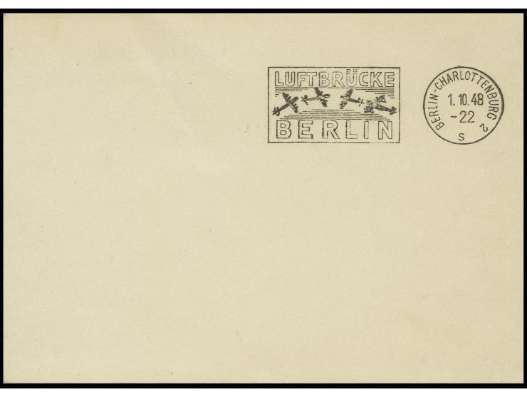 1948, Maschinenstempel "LUFTBRÜCKE BERLIN" von "BERLIN-CHARLOTTENBURG 2 1.10.", klarer Probeabschlag auf Blanko-Karte, in die