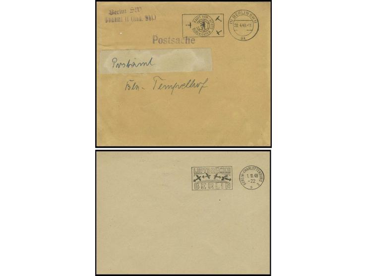 1948/49, Maschinenstempel "LUFTBRÜCKE BERLIN" von "BERLIN-CHARLOTTENBURG 2 1.10.", Probeabschlag auf Umschlag, dazu Postsache