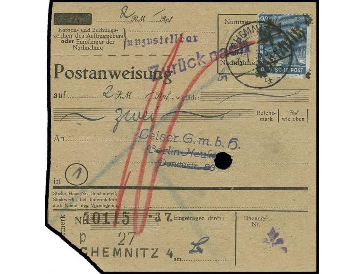1948, "41/Chemnitz 4" auf Arbeiter 20 Pfg. als portogerechte Einzelfrankatur auf Postanweisung von "CHEMNITZ 3.7." nach Berli