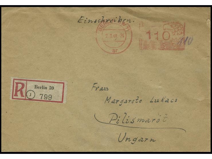 1948, Postfreistempel 110 Pfg. vom Postamt "BERLIN SW 11 2.8." auf Einschreibe-Brief mit R-Zettel "Berlin 59" nach Ungarn mit