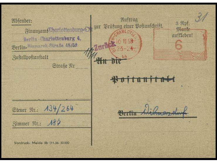 6 Pfg. Postfreistempel von "BERLIN-CHARLOTTENBURG 16.11.48" als portogerechte Frankatur auf Vordruckkarte "Auftrag zur Prüfun