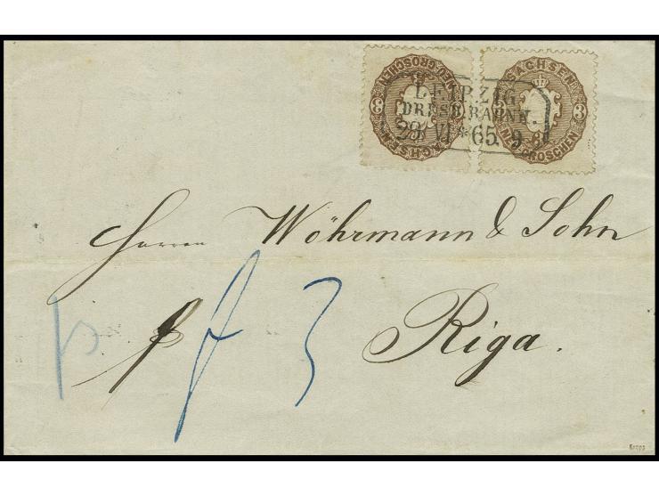 3 Neugroschen braun, 2 Einzelwerte mit Ra. "LEIPZIG DRESD. BAHNH. 29/VI*65" auf Briefhülle nach Riga mit Ankunftsstempel; 3 N