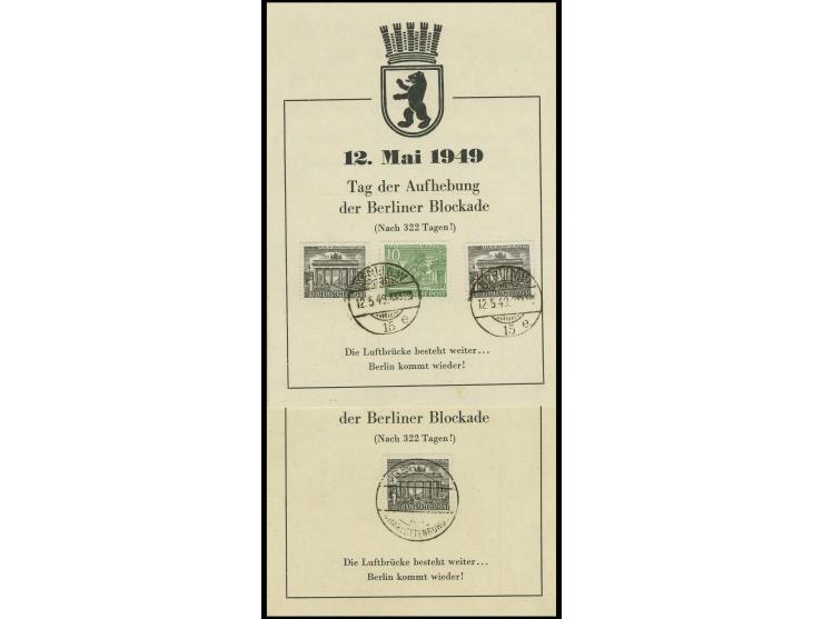 1949, "12.MAI.", Vordruckkarte Tag der Aufhebung der Berliner Blockade, 1x blanko mit Bauten 1 Pfg. und Stempel "BERLN-CHARLO