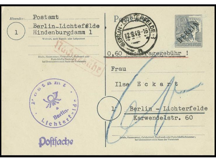 1949, Karte Schwarzaufdruck 12 Pfg. als Formblatt des Postamt Lichterfelde, gebraucht als Postsache von "BERLIN-LICHTERFELDE 