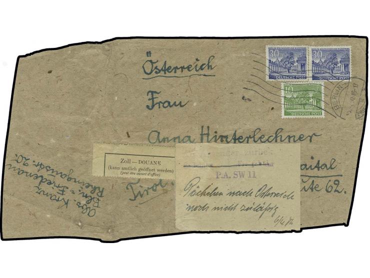 30 Pfg. im waagerechten Paar und 10 Pfg. auf komplettem Adressenträgerteil für ein Päckchen von "BERLIN-FRIEDENAU 5.4.50" nac