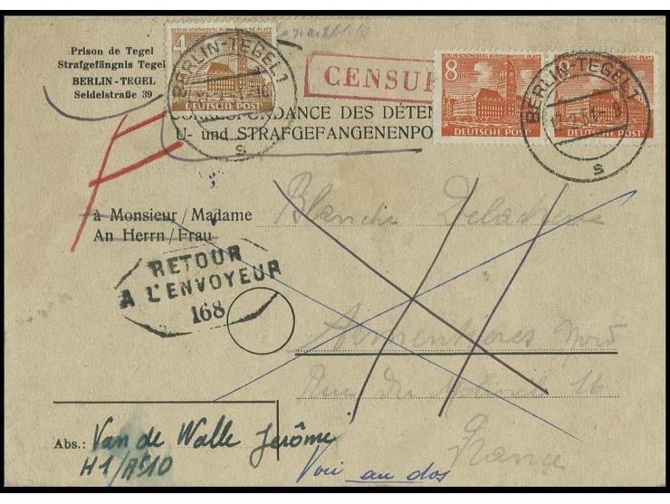 1951, 8 Pfg. im waagerechten Paar und 4 Pfg. (nachgeklebt) als portogerechte Frankatur auf Doppel-Vordruckkarte des Strafgefä