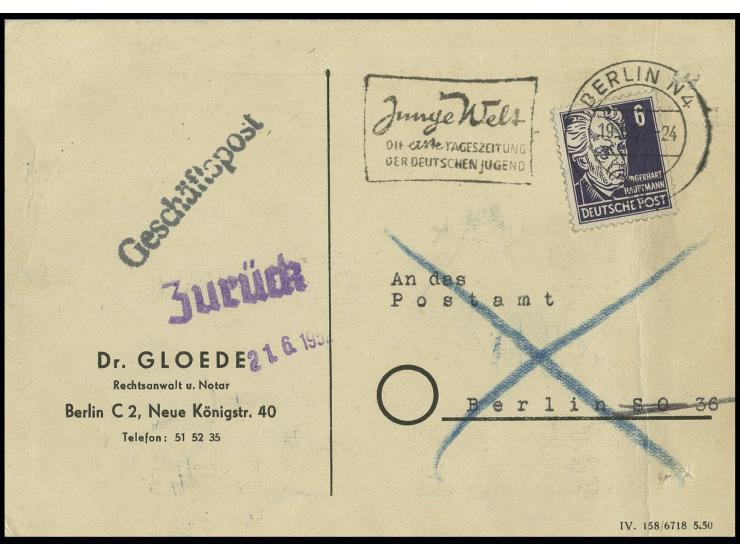 1952, 6 Pfg. Köpfe als portogerechte Einzelfrankatur auf Anschriften-Prüfkarte von "BERLIN N4 19.6." nach Westberlin SO 36 mi