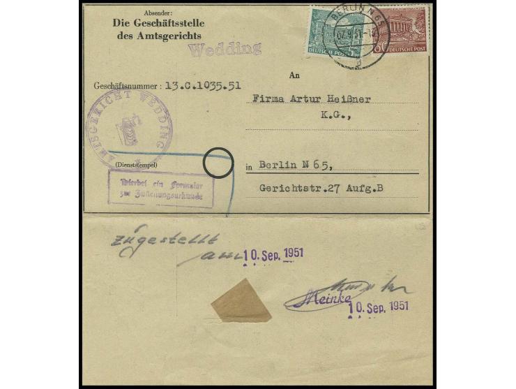1951, Postmeister-Stempel "Meinke" in violett, rückseitig auf Brief mit Zustellungsurkunde mit Bauten 60 Pfg. und 5 Pfg. von 