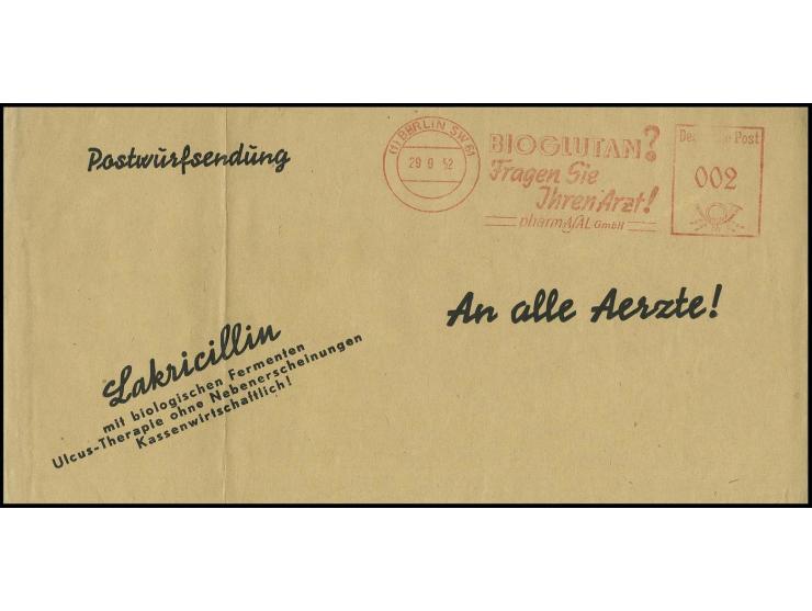 2 Pfg. Absenderfreistempel der Fa. Pharmasal auf Vordruckumschlag "Postwurfsendung" von "BERLIN SW 61 29.9.52" an alle Ärzte,