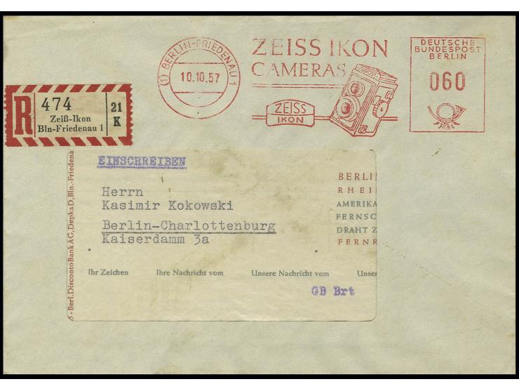 1952/57, Selbstbucher R-Zettel "Zeiß-Ikon" und "AEG" auf 2 Einschreibe-Fensterbriefen mit entsprechenden Freistempeln von "BE