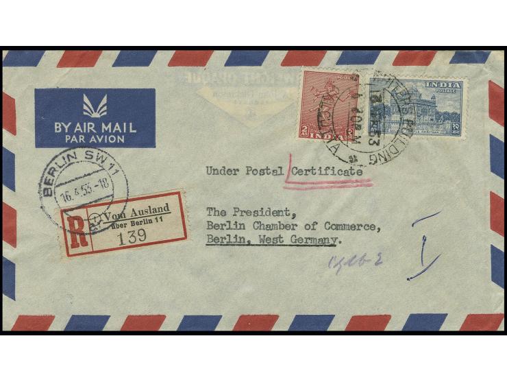 1953, "Vom Ausland über Berlin 11", R-Zettel auf Einschreibe-Luftpostbrief von "CALCUTTA 13.4." ohne ind. R-Zettel nach Berli