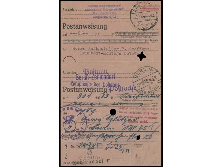 1953/54, 40 Pfg. Absenderfreistempel der DeTeWe rückseitig auf Postanweisung von "BERLIN SO 36 5.3.54" nach Düsseldorf, dazu 