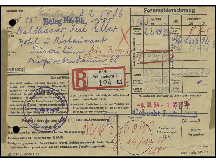 1954, Fernmelderechnungs-Vordruckbrief über DM 1475,39 als Einschreibe-Postsache von Berlin-Schöneberg ohne Aufgabestempel na