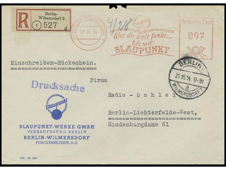 97 Pfg. Absenderfreistempel der Fa. Blaupunkt als portogerechte Freimachung auf Einschreibe-Rückschein-Drucksachenumschlag vo
