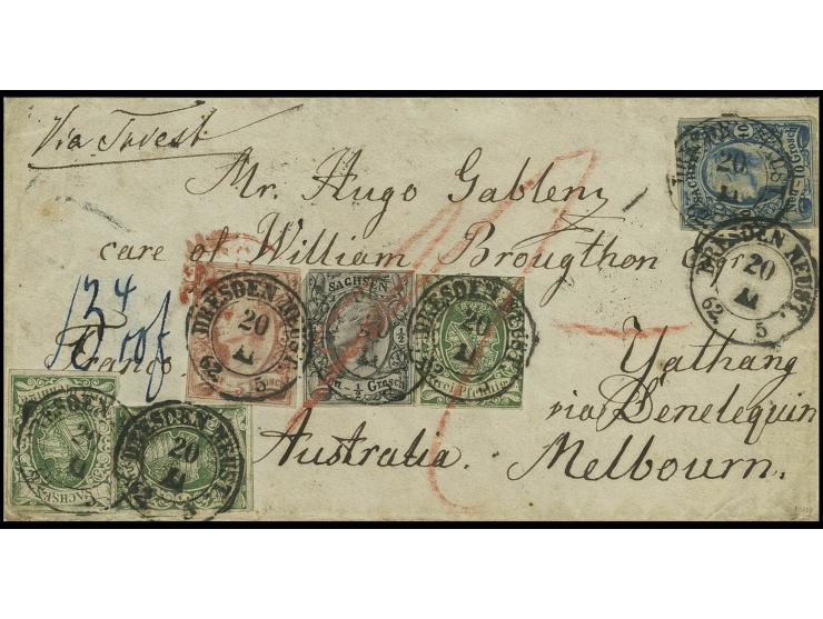AUSTRALIEN: Johann 10 Neugroschen blau, 5 Neugroschen ziegelrot und ½ Neugroschen auf grau zusammen mit 3 Stück Wappen 3 Pfen