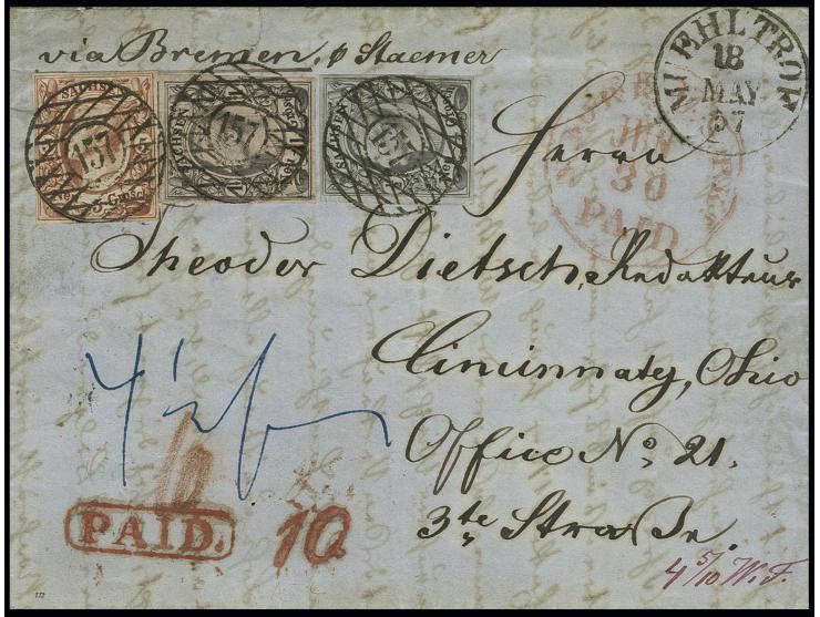 5 Neugroschen ziegelrot, 1 Neugroschen auf mattgraurot und ½ Neugroschen auf grau, alle voll- bis breitrandig mit jeweils sau