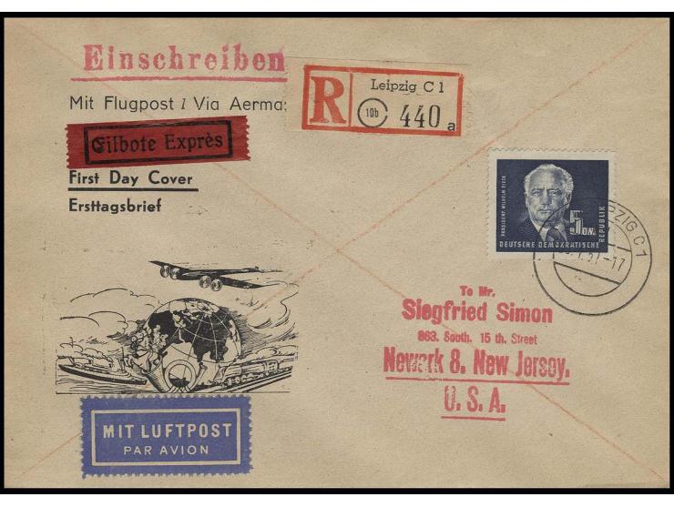 5 M. auf eingeschriebenem Eil-Luftpost-Ersttagsbrief von "LEIPZIG 3.1.51" in die USA mit Ankunftsstempel (Mi. 2600,-)
