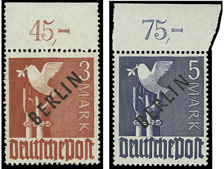 1948, Schwarzaufdruck 2 Pfg.-5 M. kpl., bis auf 1 M. (rechtes Randstück) alles Platten- bzw. Walzendruck-Oberrandstücke, post
