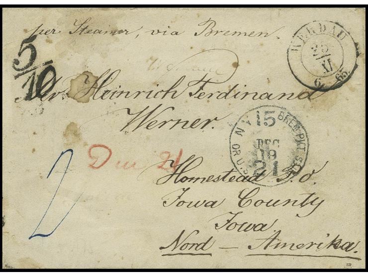 1865, unfrankierter Brief von "WERDAU 25/XI 65" nach Iowa mit rückseitigem Durchgangsstempel der Bremer Stadtpost. Das Porto 
