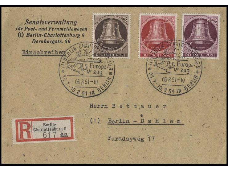 1951, Glocke I 5 Pfg., 20 Pfg. und 40 Pfg. auf  eingeschriebenem FDC-Umschlag der Senatsverwaltung im Ortsverkehr, 5 Pfg. übe