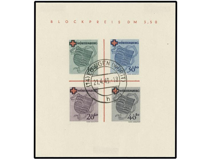 XXX LOS ENTFÄLLT XXX Stempel + Prüfzeichen falsch - Rot-Kreuz-Block mit zentrischem Stempel "EBINGEN 21.4.49", sign. Schlegel
