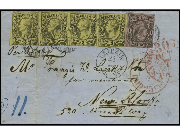 ÜBER PRUSSIAN CLOSED MAIL: Johann 3 Neugroschen auf gelb im teils leicht berührten 4er-Streifen mit 1 Neugroschen auf mattgra