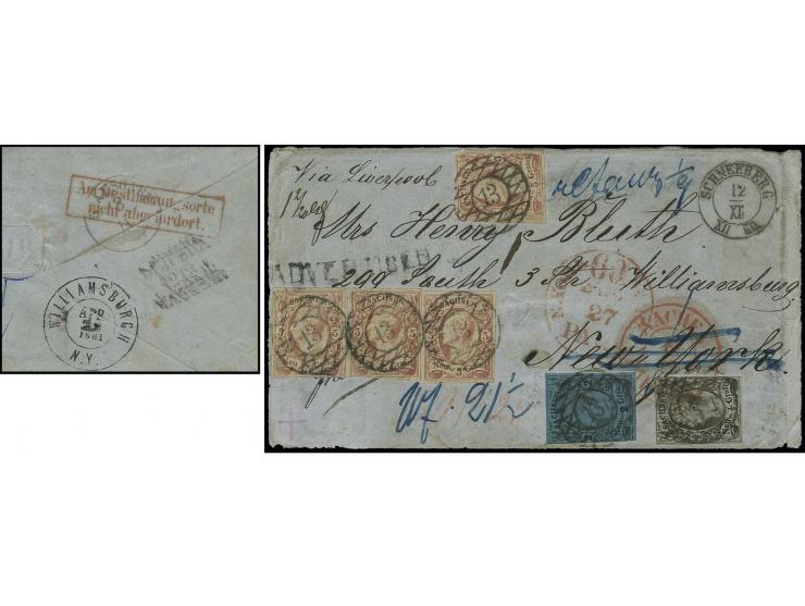 5 Neugroschen ziegelrot, 4 Einzelwerte zusammen mit 2 Neugroschen auf blau und ½ Neugroschen auf mattgrau auf doppelschwerer 