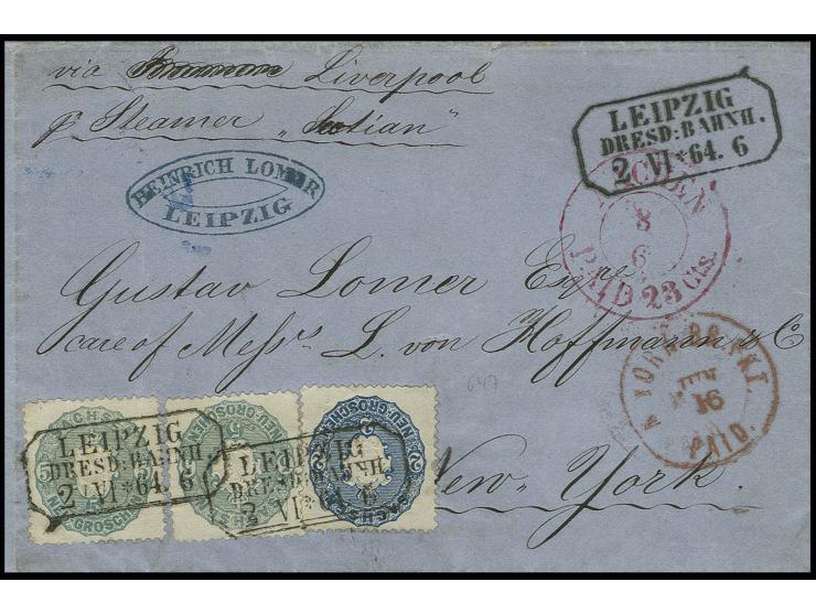 Wappen 5 Neugroschen graublau, 2 Einzelwerte mit 2 Neugroschen blau mit Ra. "LEIPZIG DRESD: BAHNH. 2 VI 64" auf Briefhülle na