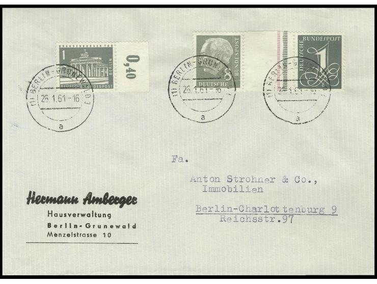 1960, Heuss und Ziffern in Nachauflage: 8+Z+1 Pfg. mit Berlin Mi.-Nr. 140 auf portogerechtem Ortsbrief von "BERLIN-GRUNEWALD 