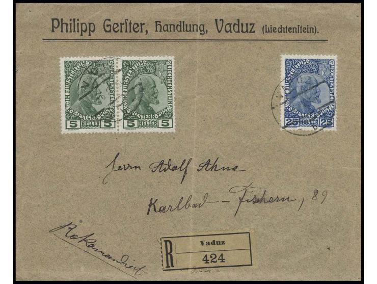 5 H. im waagerechten Paar und 25 H. auf R-Brief von "VADUZ 6. IV. 14" nach Karlsbad ohne Ankunftsstempel