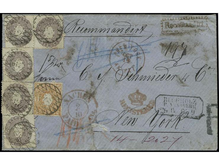 Wappen 5 Neugroschen grauviolett, 5 Einzelwerte mit ½ Neugroschen orange mit Nr. "210" auf recommandierter, gesiegelter Leine