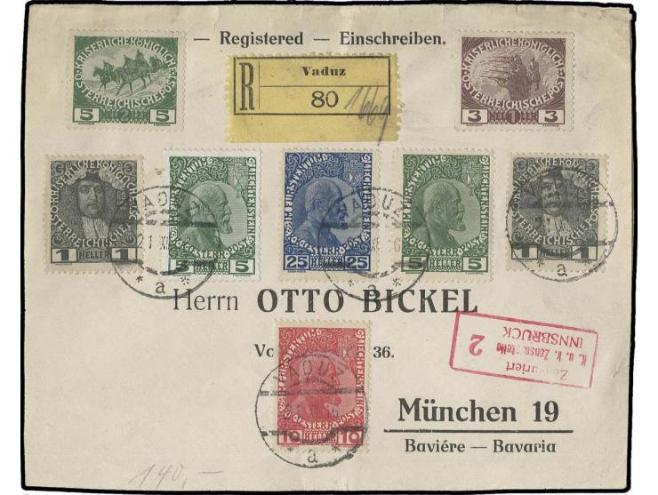 5 H. - 25 H. mit gestrichenem Papier 5 H. und 2 Mitläufern Österreich 1 H. auf R-Briefvorderseite von "VADUZ 21. XII. 16" nac