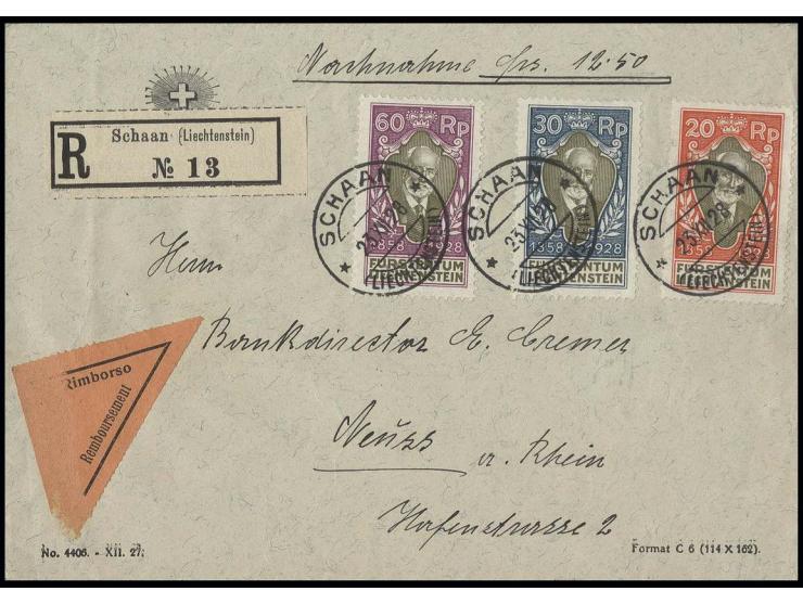 1928, 70 Jahre Regentschaft 20-60 Rp. auf portogerechter R-Nachnahme von "SCHAAN 23.XII.28" nach Neuss, Pracht
