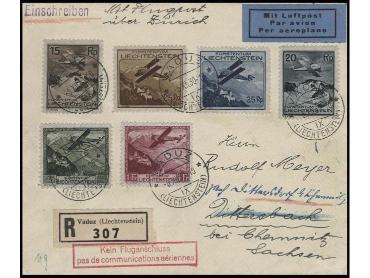 1930, Flugpost 15 Rp.-1 Fr. kpl. (15 Rp. ein kurzer Zahn) auf als Flugbrief vorgesehenem R-Brief (links geringfügig verkürzt)